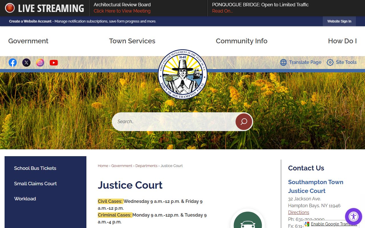 Southampton Town Justice Court portal for DUI and DWI case records