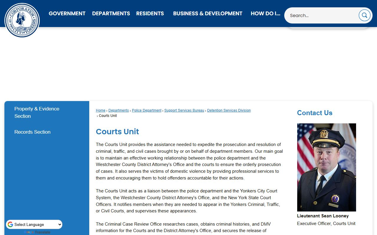 Yonkers Police Courts Unit page for DUI and DWI case processing