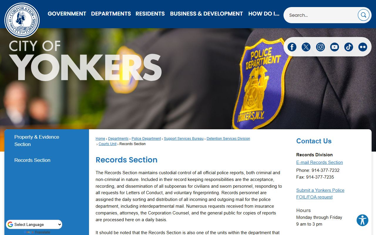 Yonkers Police Records Section for DUI arrest report requests