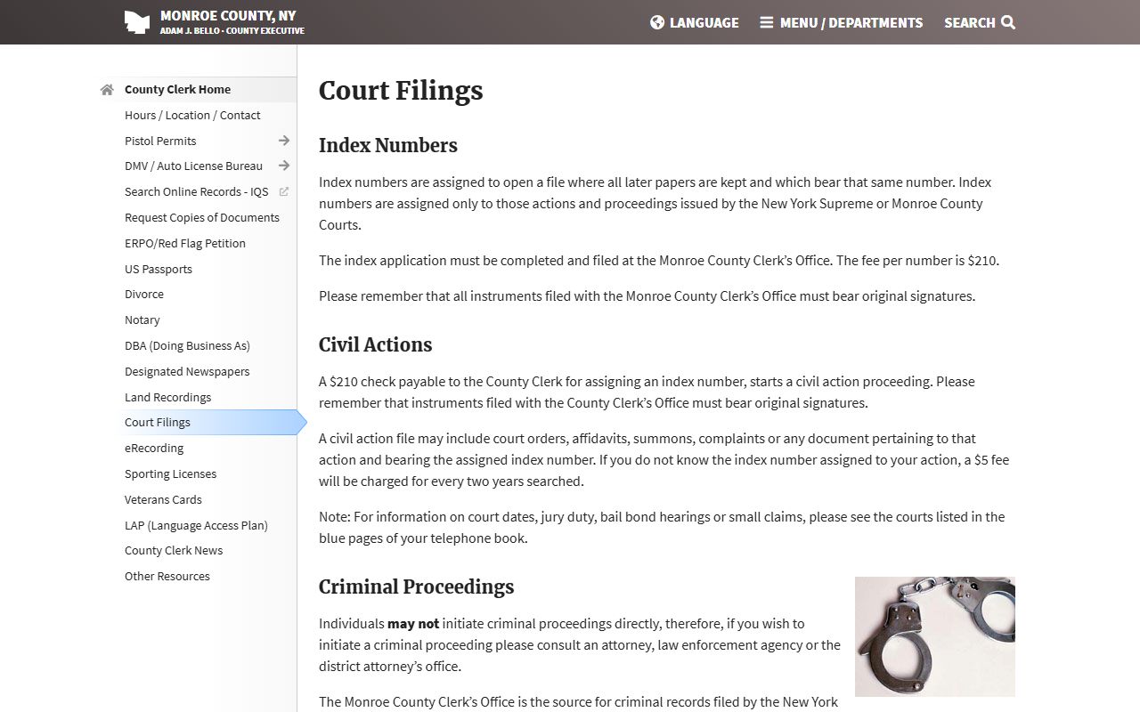 Monroe County Clerk court filings page for DUI and DWI records