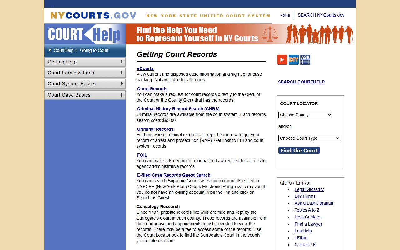 New York State court help page for getting DUI court records