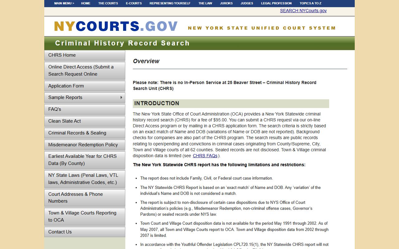 New York State Criminal History Record Search portal for DUI records