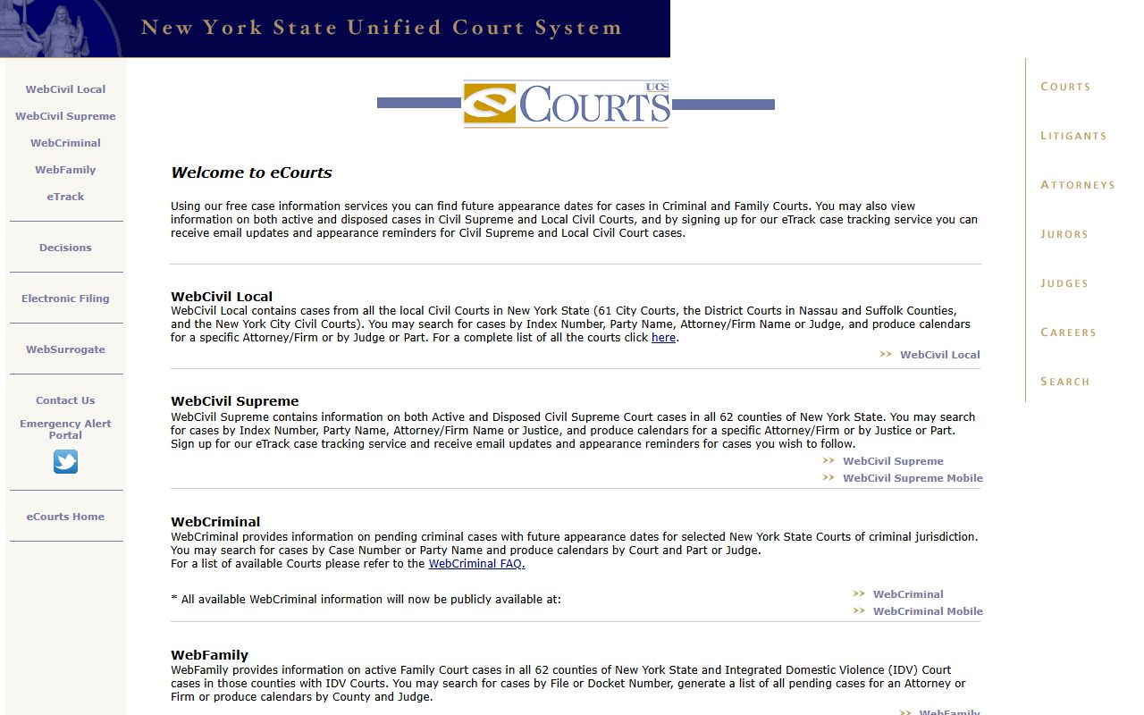 New York State Unified Court System eCourts portal for searching DUI records